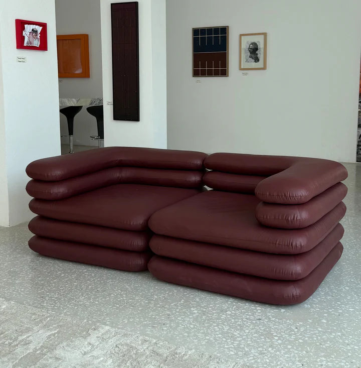 Stacked Leather Sofa Burgundy Red