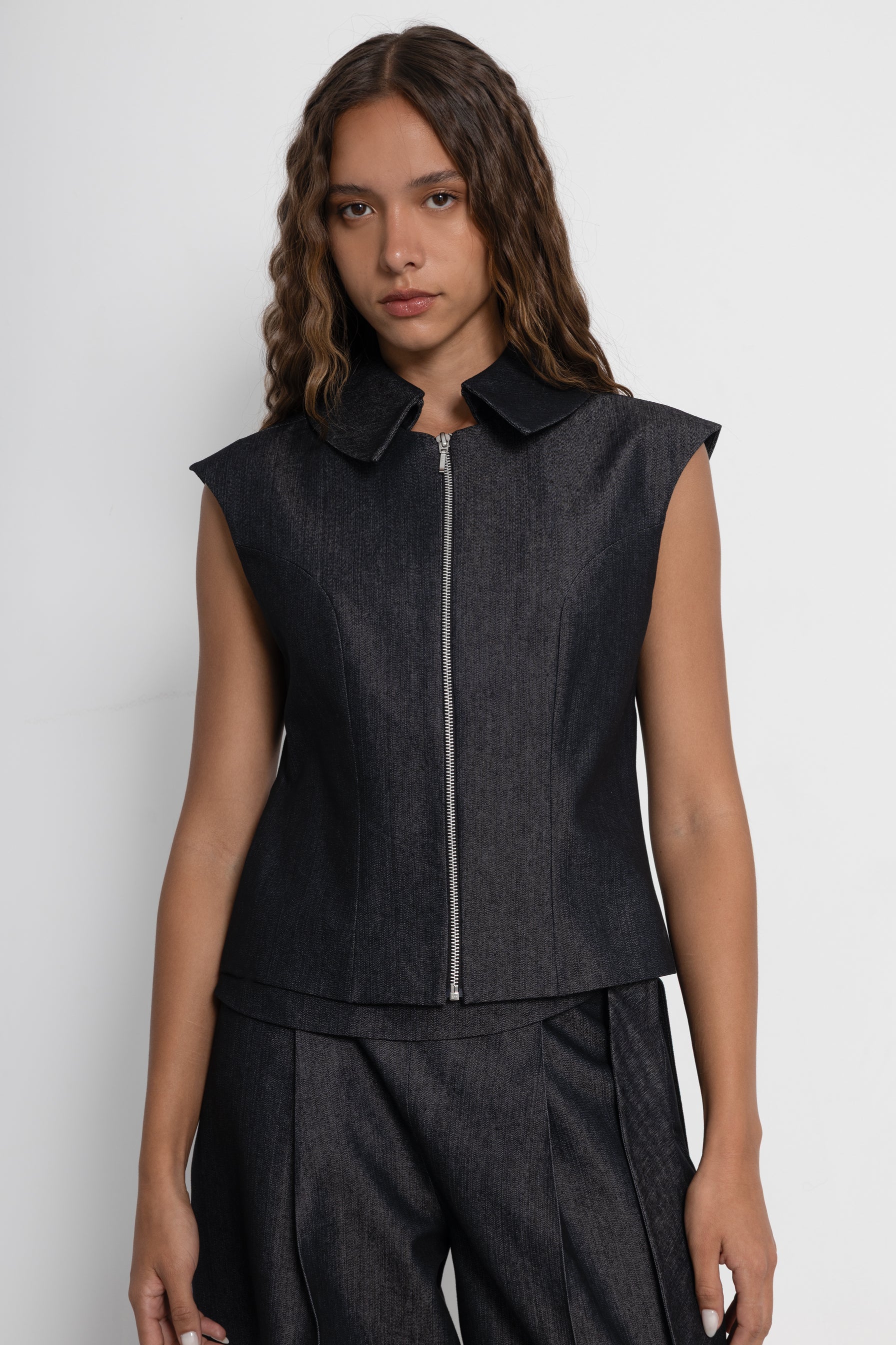 Wide Collar Grey Denim Vest