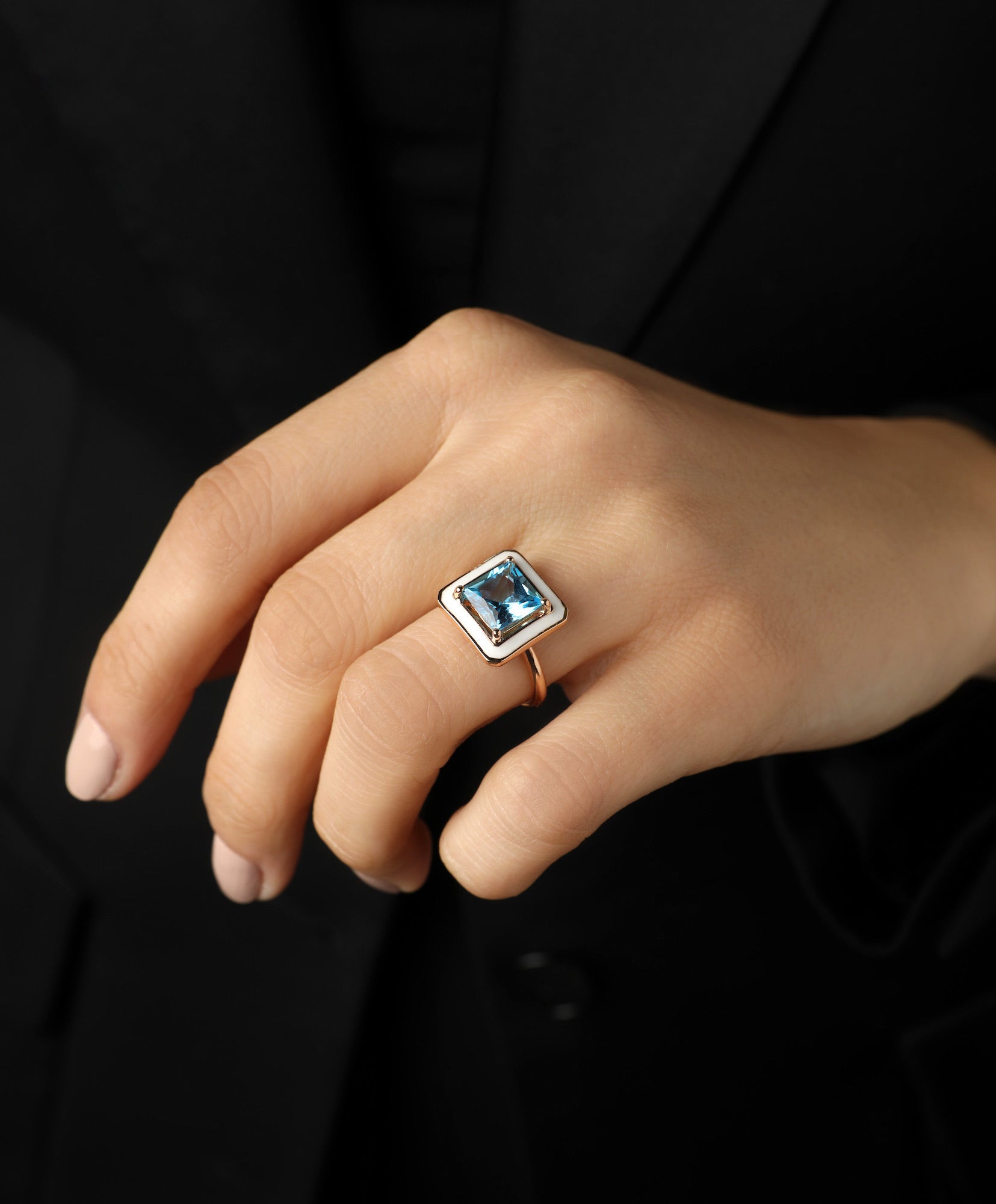 Blue Topaze Ring - White Enamel