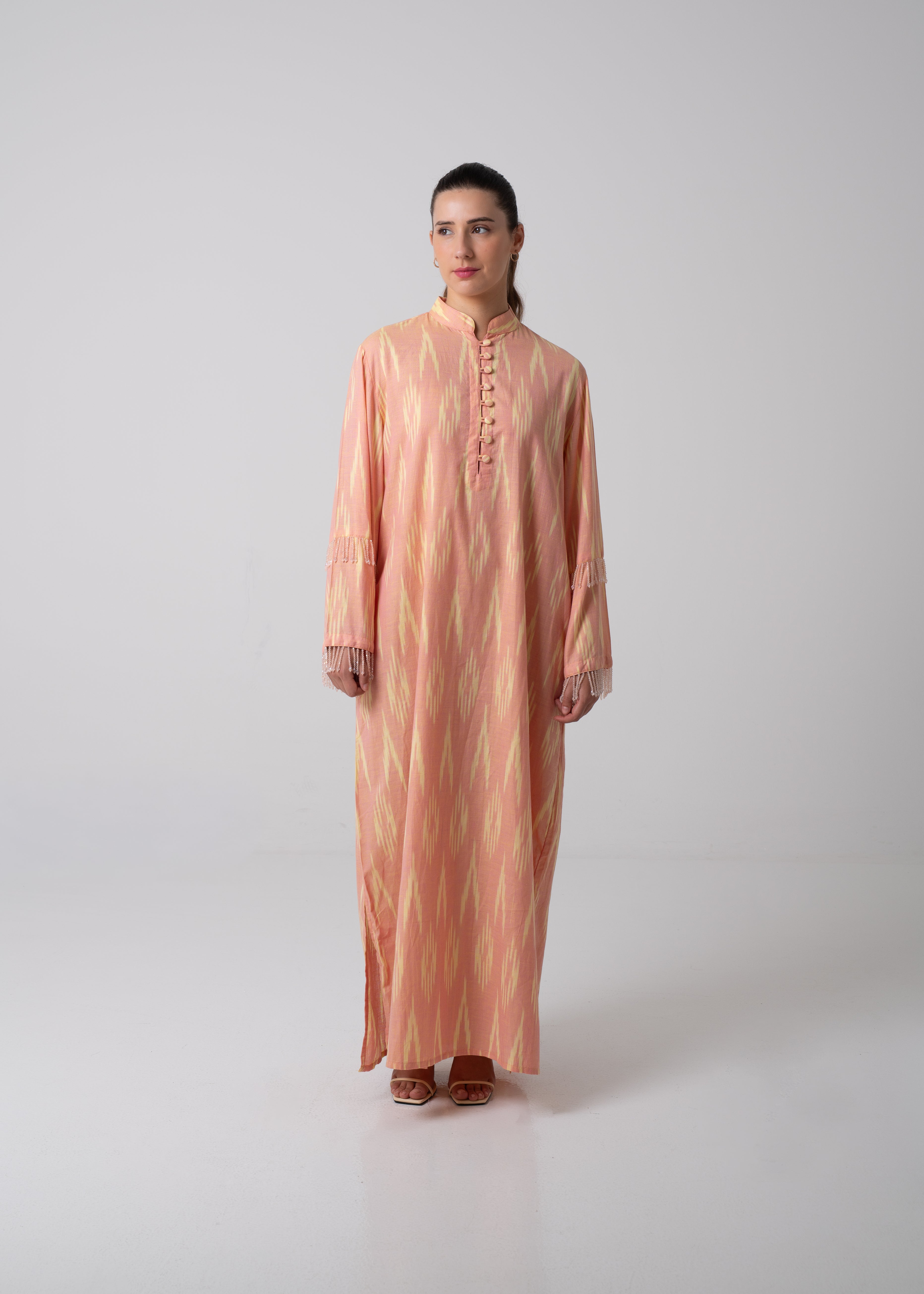 Long Printed Kaftan - Blush Peach & Yellow