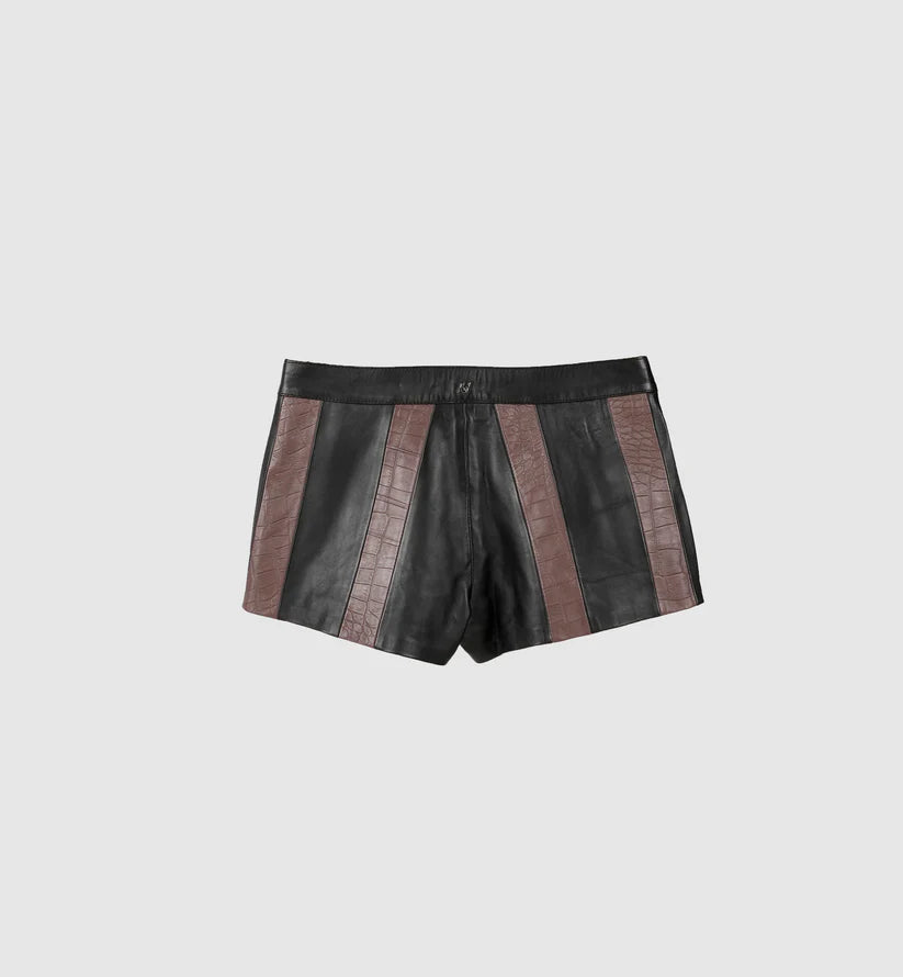 Sterling Striped Leather Shorts Black x Brown Croc