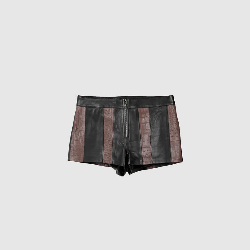 SterlingStripedLeatherShortsBlackxBrownCrocFrontShot.webp