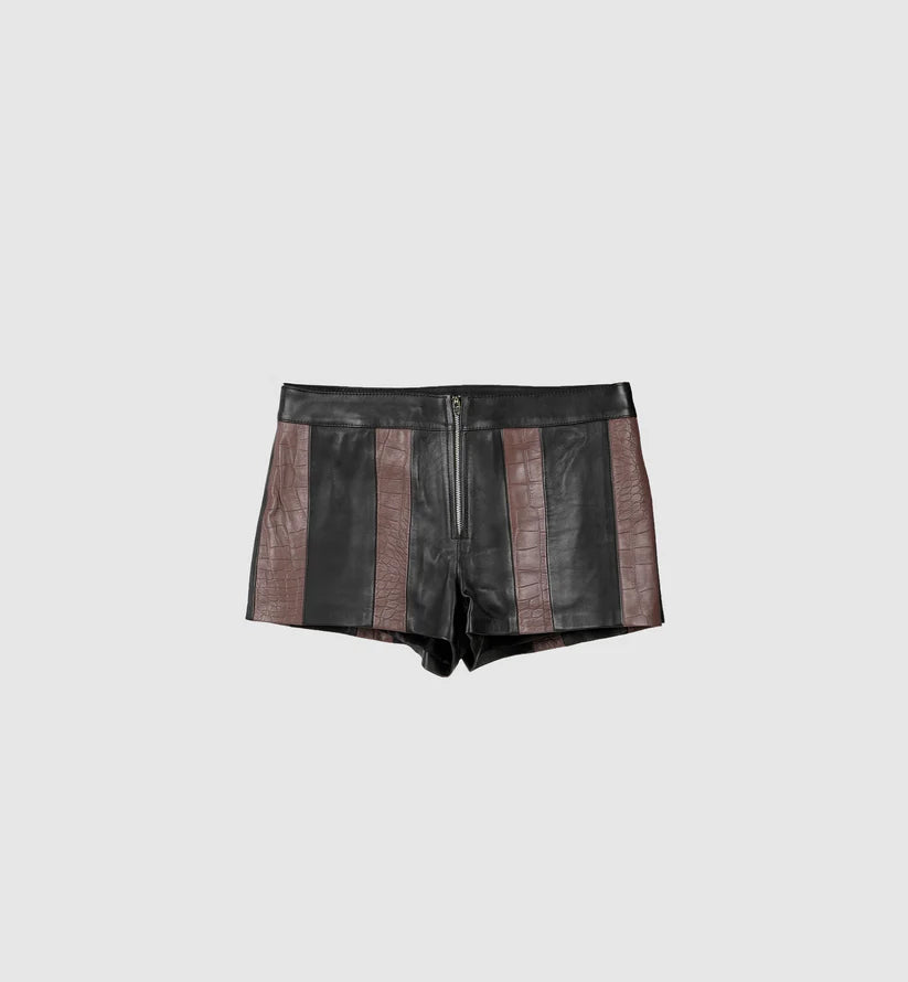 Sterling Striped Leather Shorts Black x Brown Croc