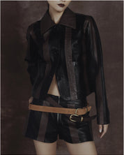 Sterling Striped Leather Shorts Black x Brown Croc