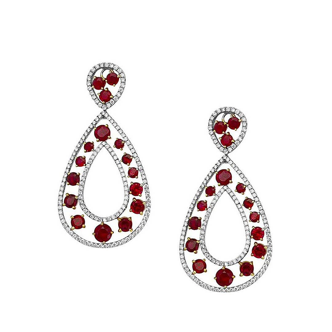 White Diamond And Ruby Drop Earrings